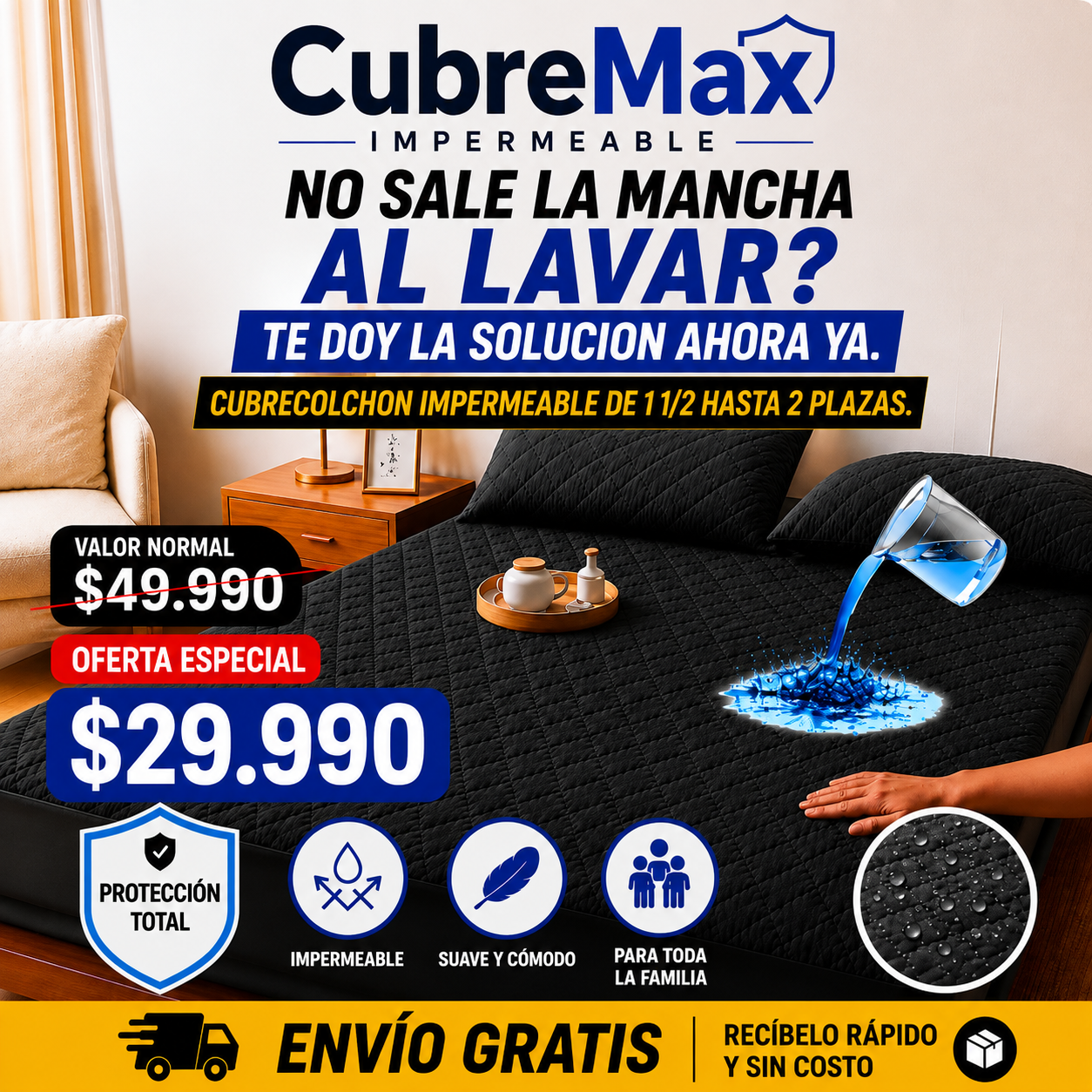 CUBREMAX IMPERMEABLE DE 1 1/2 a 2 PLAZAS